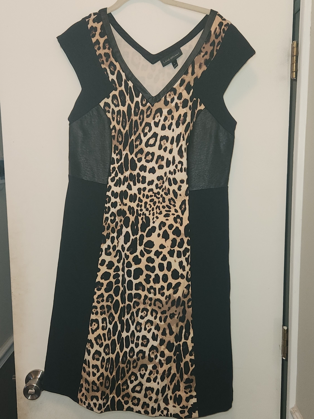 Lane Bryant Black & Leopard Print Faux Leather-Inset Midi Dress 14